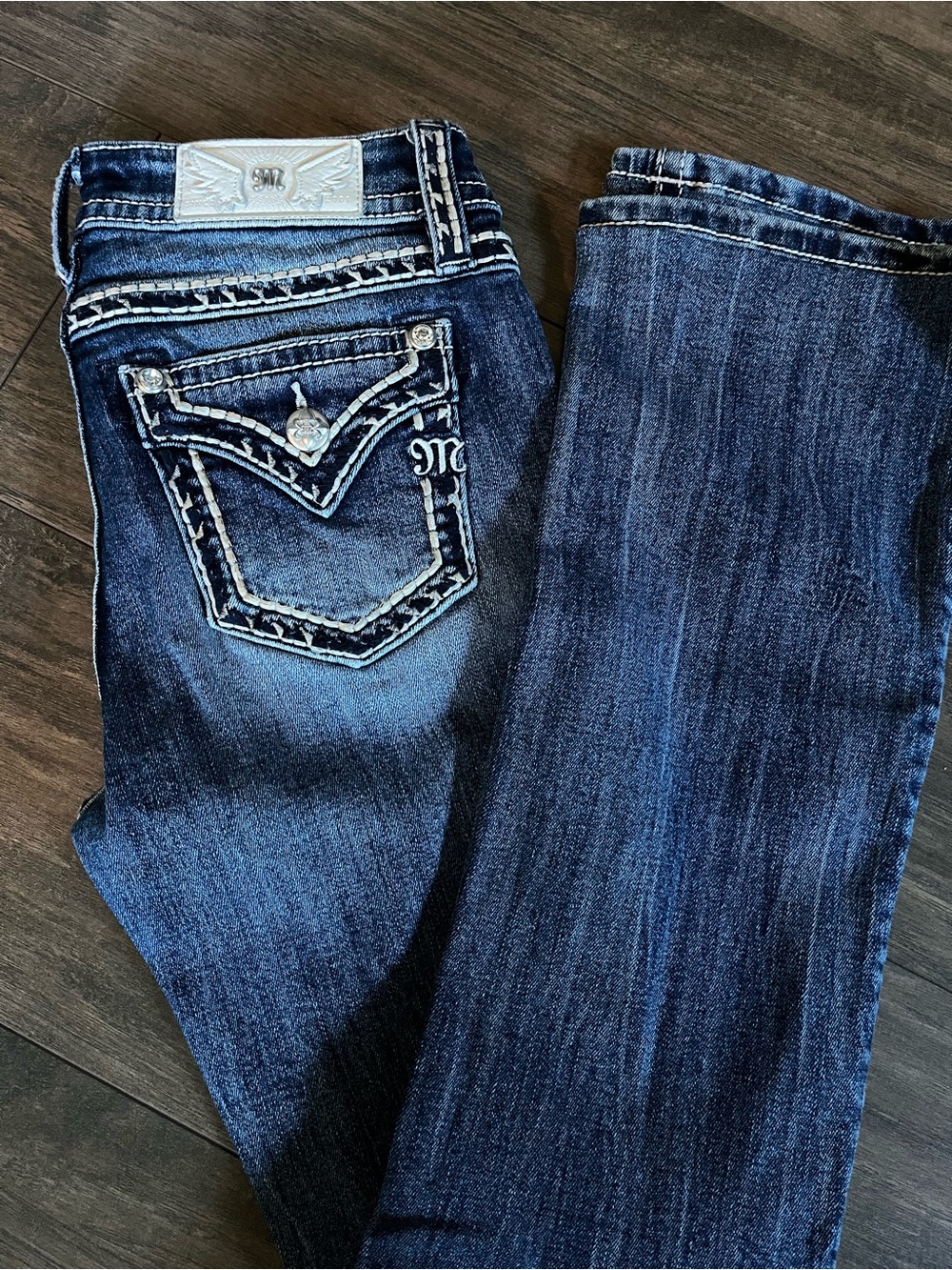 Miss Me Dark Blue Bootcut Jeans with Embroidered Rhinestone Pockets